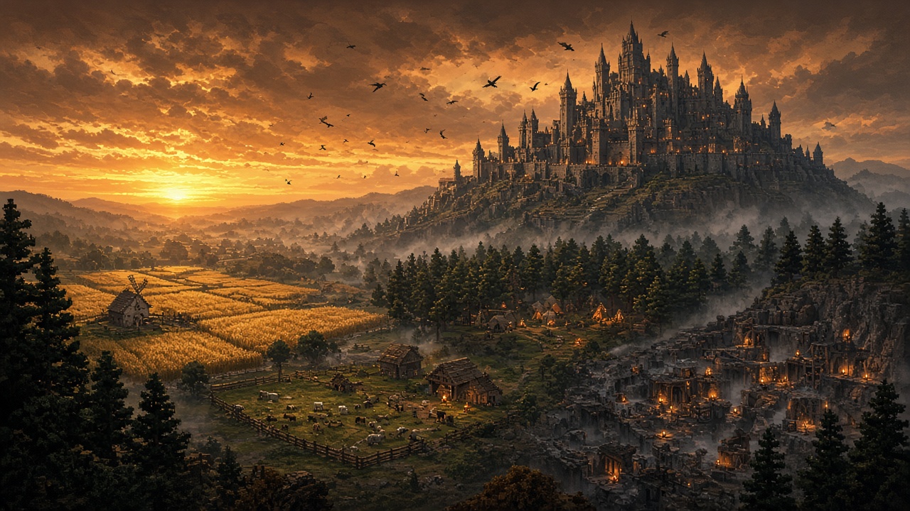 Valoria au crépuscule, château et villages